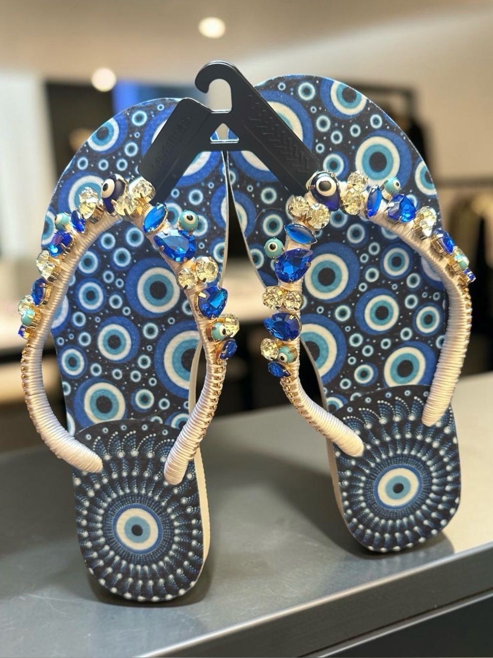 Havaianas hand Beaded evil eye patterned Women’s Flip Flops. Size 7/8.